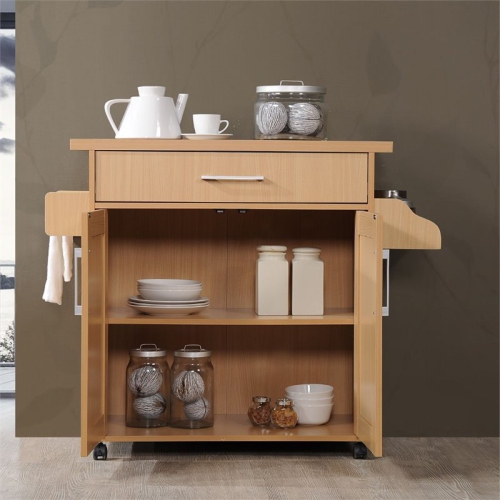 Hodedah Kitchen Island with Spice Rack plus Towel Holder in Beige Wood