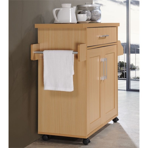 Hodedah Kitchen Island with Spice Rack plus Towel Holder in Beige Wood