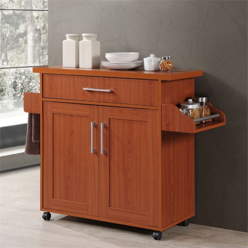 Hodedah Kitchen Island with Spice Rack plus Towel Holder in Cherry Wood