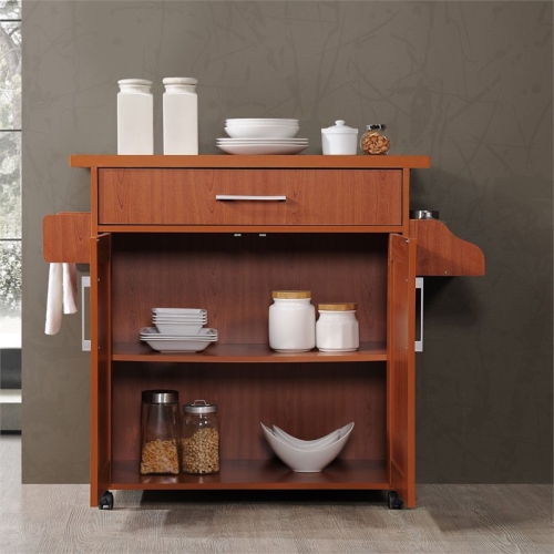 Hodedah Kitchen Island with Spice Rack plus Towel Holder in Cherry Wood