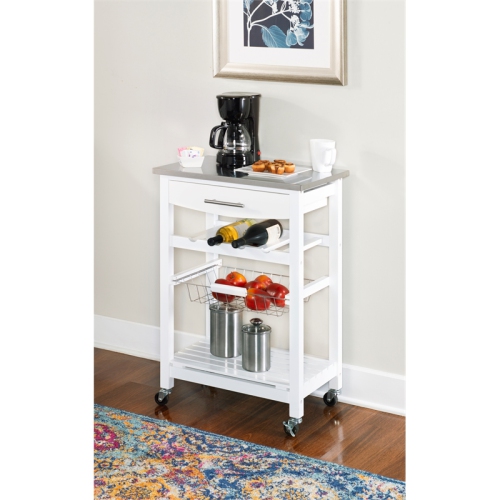 Linon Natalie Wood Stainless Steel Top Kitchen Cart in White