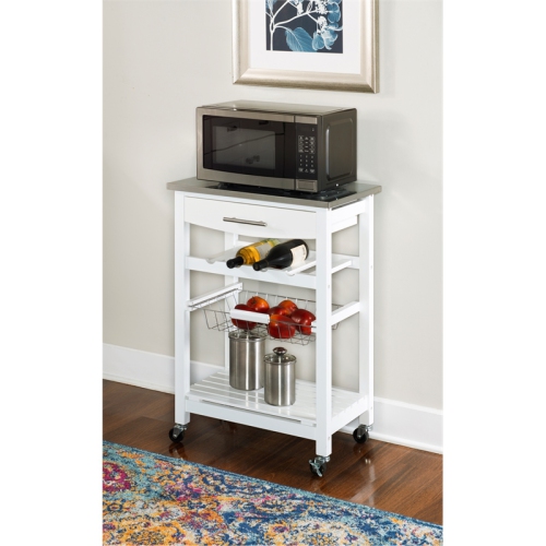 Linon Natalie Wood Stainless Steel Top Kitchen Cart in White