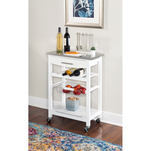 Linon Natalie Wood Stainless Steel Top Kitchen Cart in White
