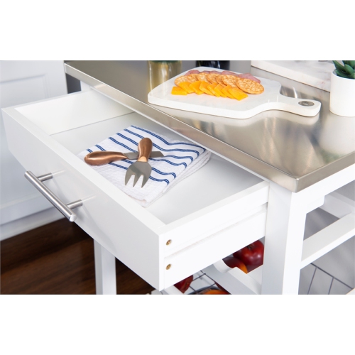 Linon Natalie Wood Stainless Steel Top Kitchen Cart in White