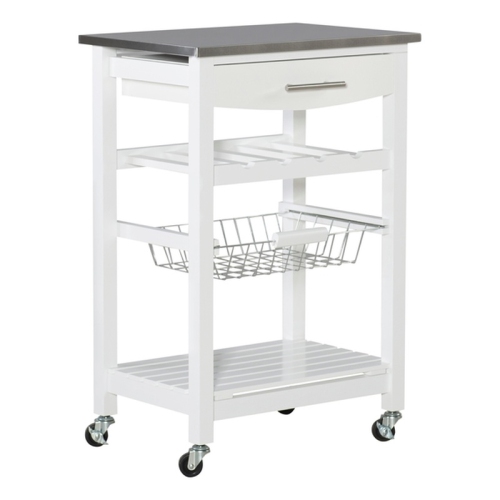 Linon Natalie Wood Stainless Steel Top Kitchen Cart in White