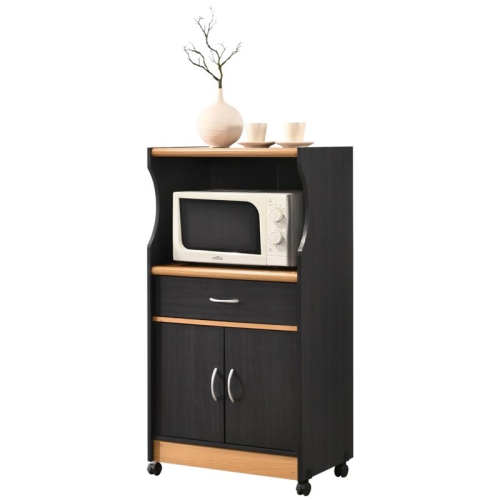 Hodedah Microwave Contemporary Wooden Kitchen Cart in Black-Beige Finish
