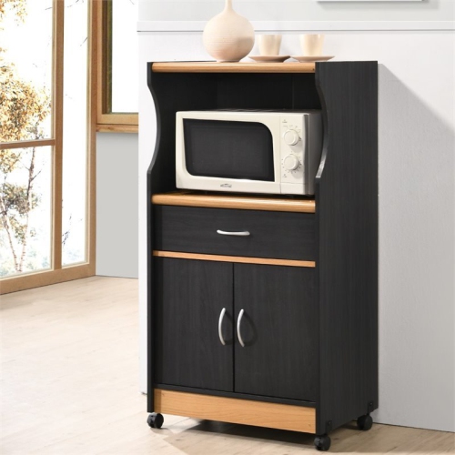 Hodedah Microwave Contemporary Wooden Kitchen Cart in Black-Beige Finish