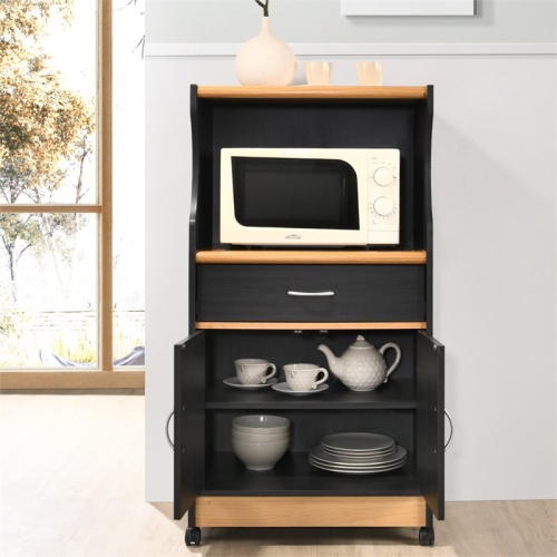 Hodedah Microwave Contemporary Wooden Kitchen Cart in Black-Beige Finish