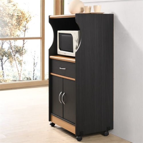 Hodedah Microwave Contemporary Wooden Kitchen Cart in Black-Beige Finish