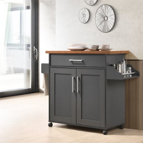 Hodedah Kitchen Island with Spice Rack plus Towel Holder in Gray-Oak Wood