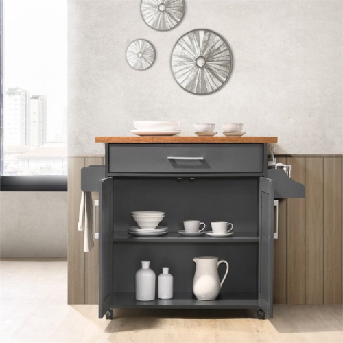 Hodedah Kitchen Island with Spice Rack plus Towel Holder in Gray-Oak Wood