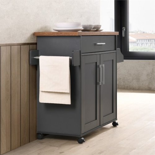 Hodedah Kitchen Island with Spice Rack plus Towel Holder in Gray-Oak Wood