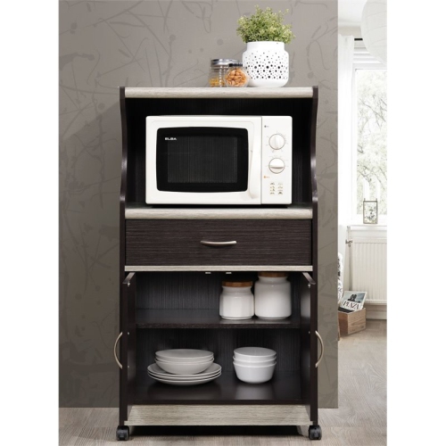 Hodedah Microwave Contemporary Wooden Kitchen Cart in Chocolate-Grey Finish