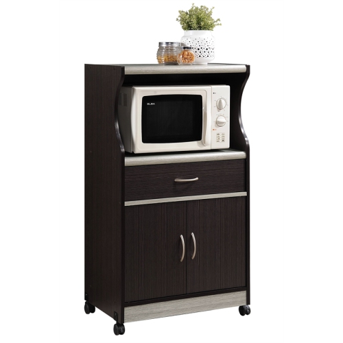 Hodedah Microwave Contemporary Wooden Kitchen Cart in Chocolate-Grey Finish