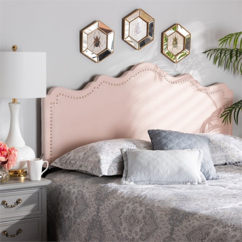 Bowery Hill Contemporary Velvet Queen Headboard in Light Pink
