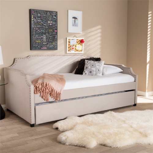 Bowery Hill Beige Upholstered Twin Size Daybed with Trundle Bed