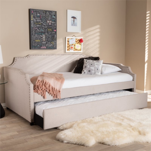 Bowery Hill Beige Upholstered Twin Size Daybed with Trundle Bed