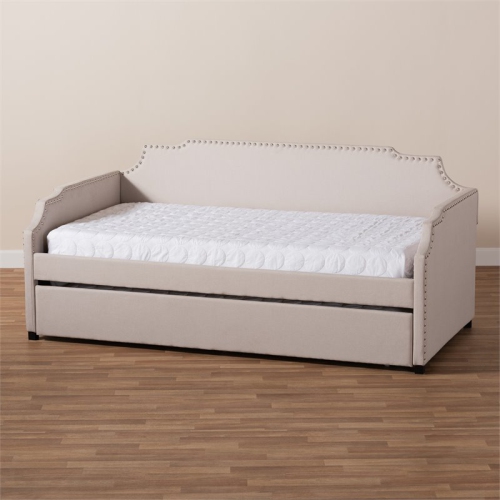Bowery Hill Beige Upholstered Twin Size Daybed with Trundle Bed