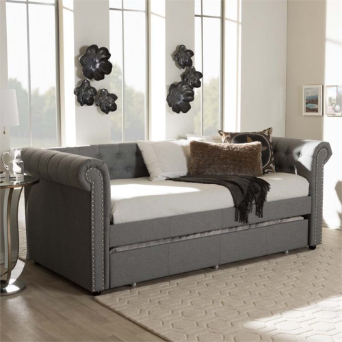 Bowery Hill Classically Designed Fabric Daybed with Trundle in Gray