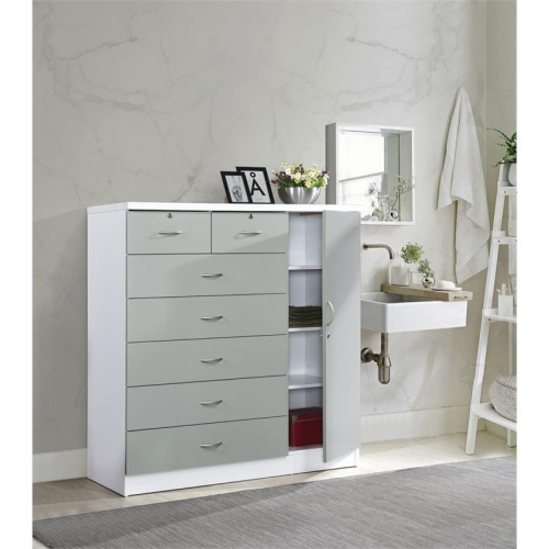Hodedah 7 Drawer Chest with Locks on 2 Drawers and 1 Door in Gray Wood
