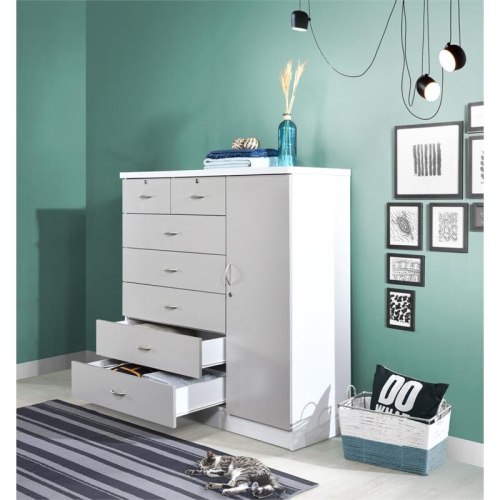 Hodedah 7 Drawer Chest with Locks on 2 Drawers and 1 Door in Gray Wood