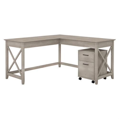 Bush Furniture Key West 60W L Shaped Desk with Drawers in Washed Gray