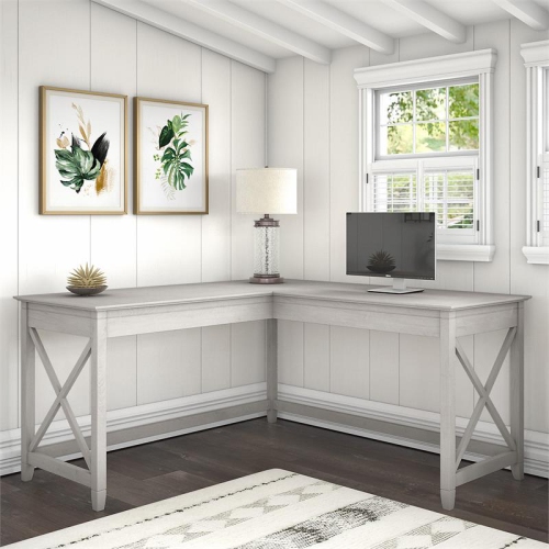 Key West 60W L Shaped Desk in Linen White Oak - Engineered Wood