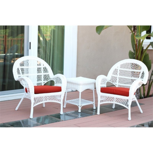 Jeco 3 Piece Wicker Conversation Set in White with Red Cushions