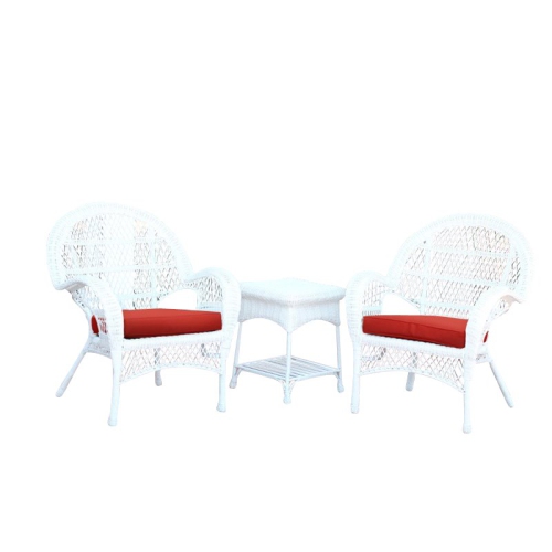 Jeco 3 Piece Wicker Conversation Set in White with Red Cushions