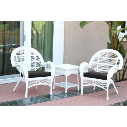 JECO INC. Jeco 3 Piece Wicker Conversation Set In White With Black Cushions