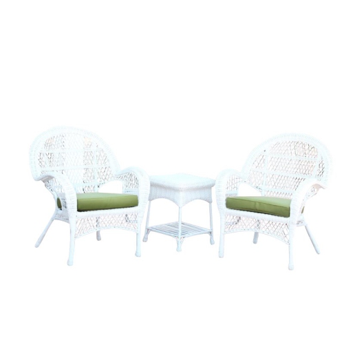 Jeco 3 Piece Wicker Conversation Set in White with Green Cushions