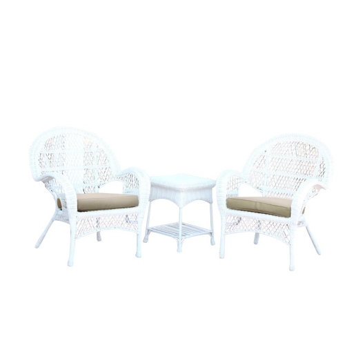 Jeco 3 Piece Wicker Conversation Set in White with Tan Cushions