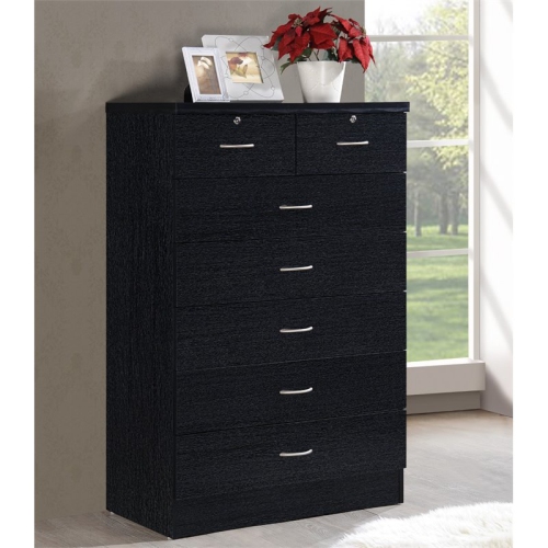 Hodedah 7 Drawer Chest with Locks on 2 Top Drawers in Black Wood