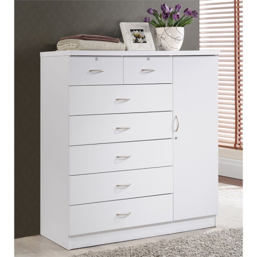 Hodedah 7 Drawer Chest with Locks on 2 Drawers and 1 Door in White Wood