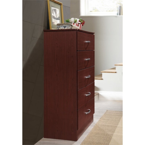 Hodedah Five Drawer Contemporary Wooden Chest in Mahogany Finish