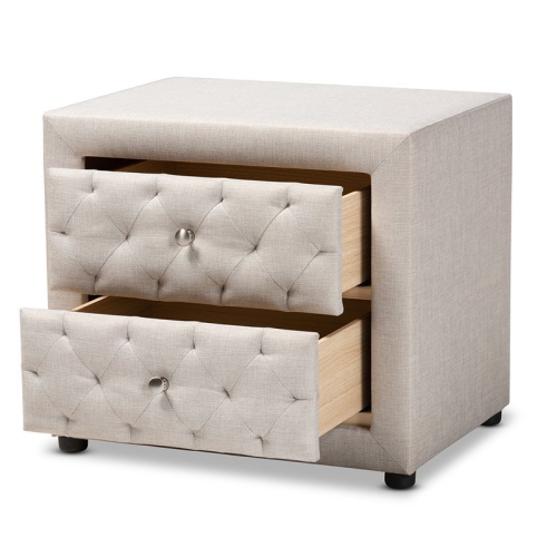 Bowery Hill 2-Drawer Tufted Fabric and Wood Nightstand in Light Beige