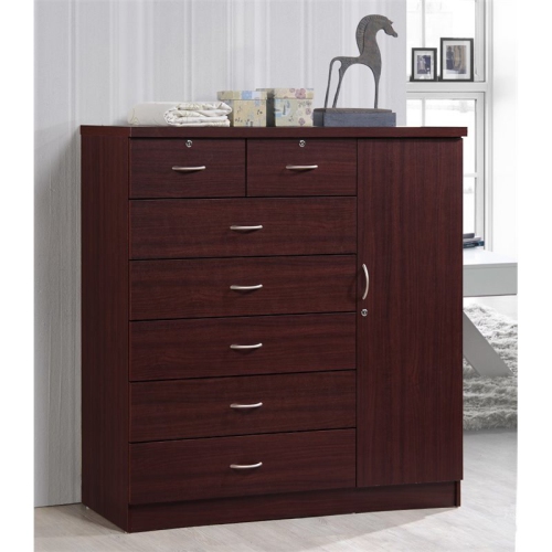 Hodedah 7 Drawer Chest with Locks on 2 Drawers and 1 Door in Mahogany Wood