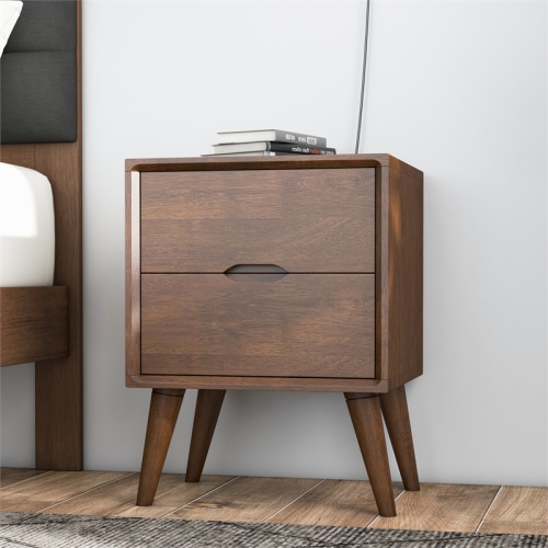 Edie Mid Century Modern Walnut Nightstand Bed Side Tables with 2 Drawers