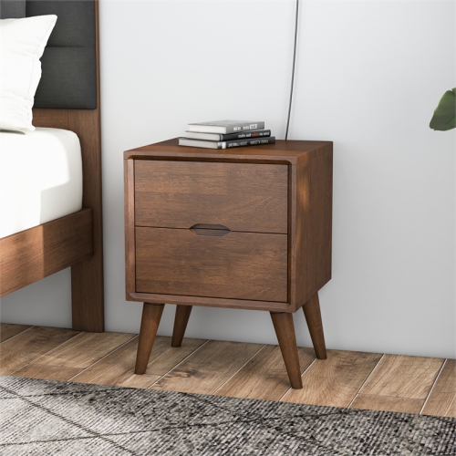 Edie Mid Century Modern Walnut Nightstand Bed Side Tables with 2 Drawers