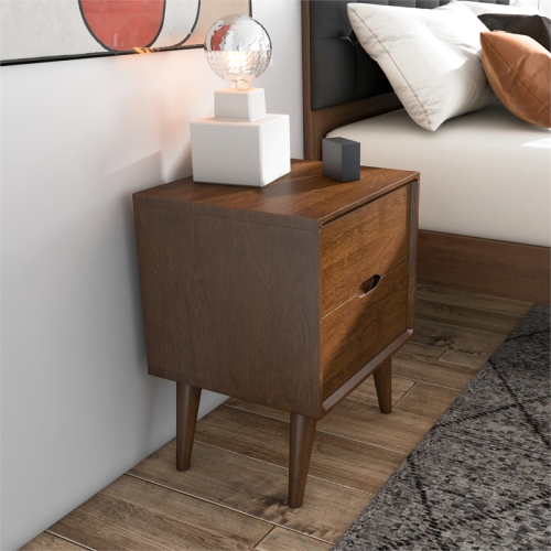 Edie Mid Century Modern Walnut Nightstand Bed Side Tables with 2 Drawers