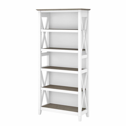 Bowery Hill Coastal Tall 5 Shelf Bookcase in Pure White and Shiplap Gray