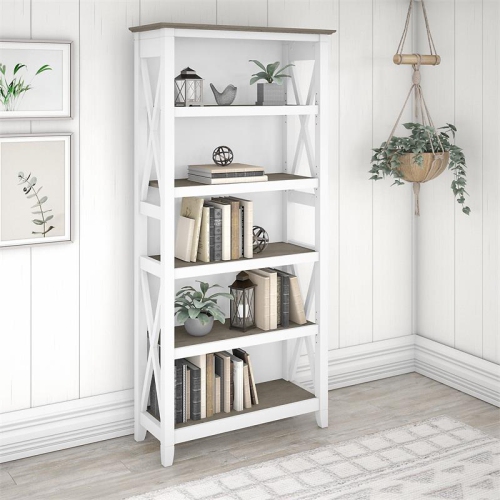 Bowery Hill Coastal Tall 5 Shelf Bookcase in Pure White and Shiplap Gray