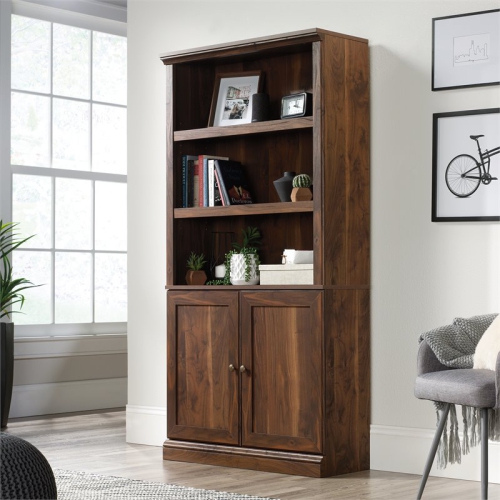 Pemberly Row 3-Shelf 2-Door Tall Wood Bookcase in Grand Walnut