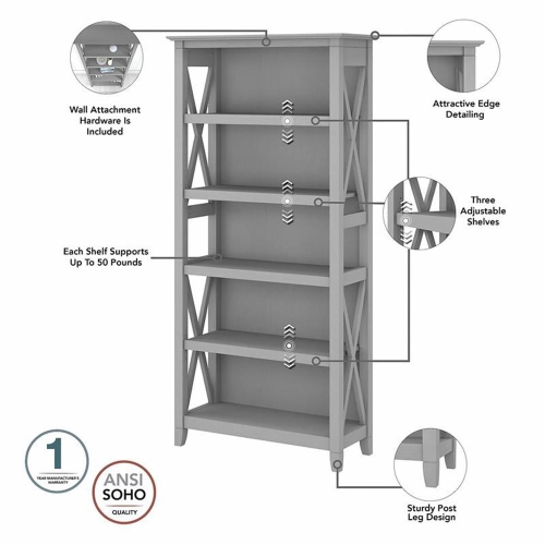 Key West Tall 5 Shelf Bookcase in Cape Cod Gray - Engineered Wood