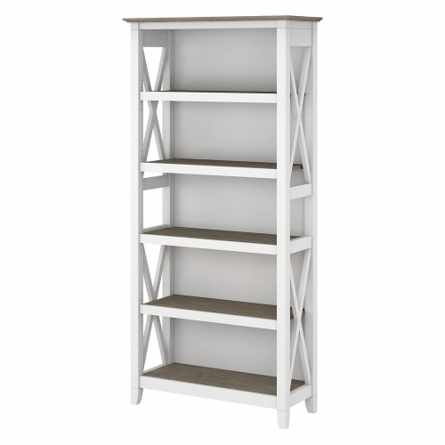 BUSH  Key West Tall 5 Shelf Bookcase In Pure And Shiplap Gray - Engineered Wood In White