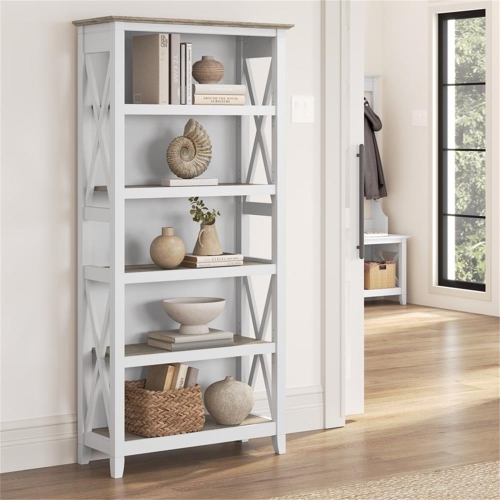 Key West Tall 5 Shelf Bookcase in Pure White and Shiplap Gray - Engineered Wood