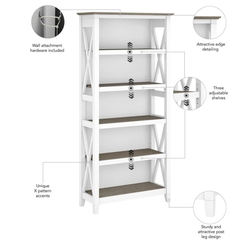 Key West Tall 5 Shelf Bookcase in Pure White and Shiplap Gray - Engineered Wood