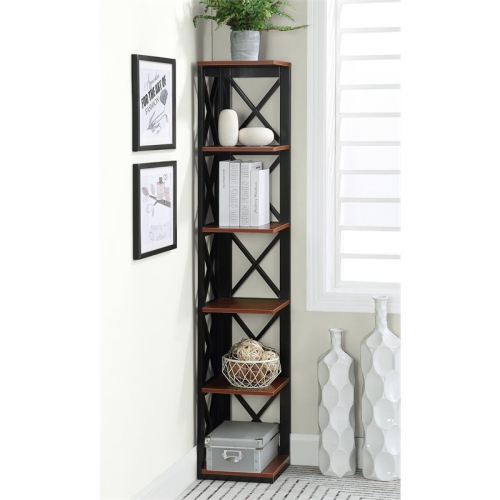 Convenience Concepts Oxford Five-Tier Corner Bookcase in Cherry and Black Wood