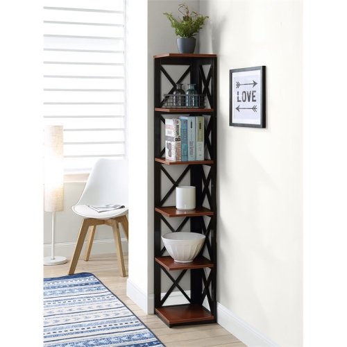 Convenience Concepts Oxford Five-Tier Corner Bookcase in Cherry and Black Wood