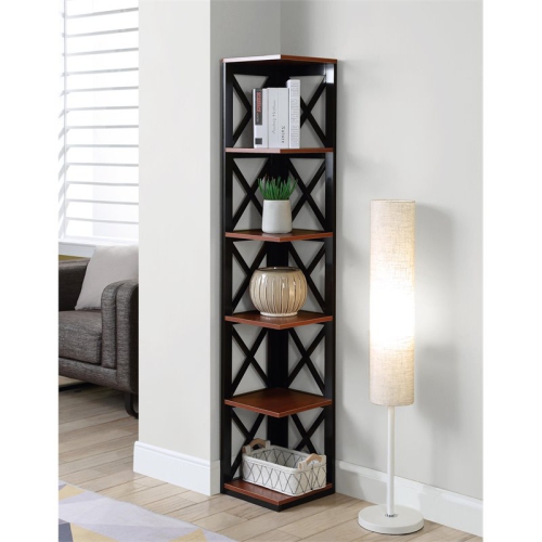 Convenience Concepts Oxford Five-Tier Corner Bookcase in Cherry and Black Wood